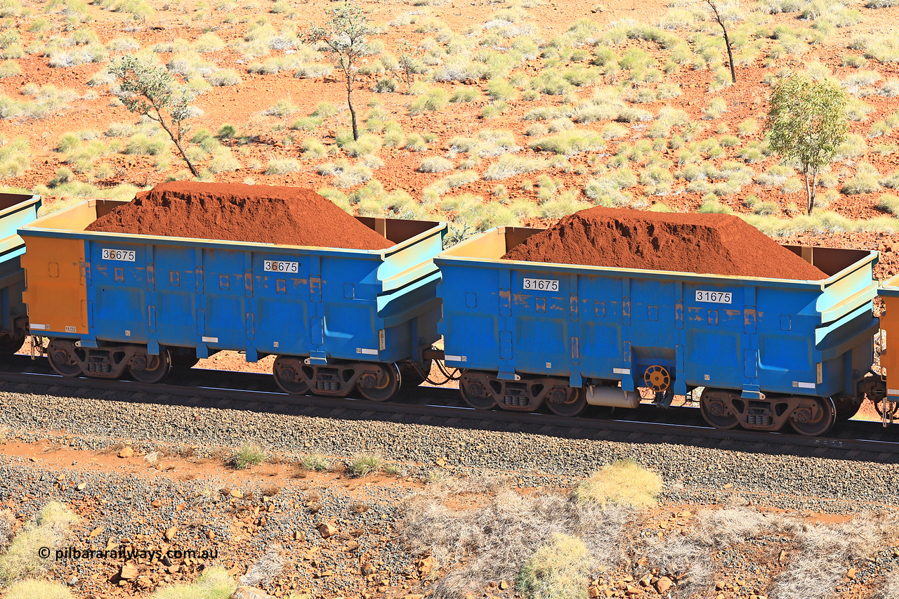 240701 2491
Western Creek, 67 km, one of Rio Tinto's blue rakes with spring assisted park brake and only electronic controlled pneumatic [ECP] braking, waggon pair 31675 is a master and is bar coupled to slave waggon 36675 built by China Northen as a Q type in 11/2022. Captured on July 1, 2024.
Keywords: 31675;36675;Q-type;China-Northern;Rio-ore-waggon;
