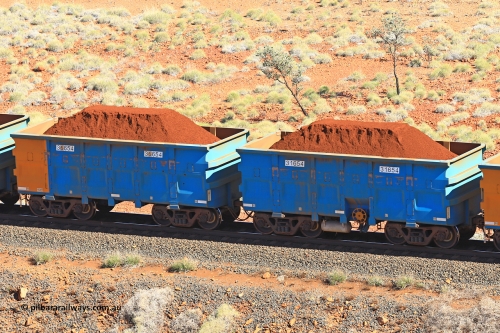 240701 2389
Western Creek, 67 km, one of Rio Tinto's blue rakes with spring assisted park brake and only electronic controlled pneumatic [ECP] braking, waggon pair 31654 is a master and is bar coupled to slave waggon 36654 built by China Northen as a Q type in 11/2022. Captured on July 1, 2024.
Keywords: 31654;36654;Q-type;China-Northern;Rio-ore-waggon;