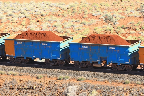 240701 2404
Western Creek, 67 km, one of Rio Tinto's blue rakes with spring assisted park brake and only electronic controlled pneumatic [ECP] braking, waggon pair 31585 is a master and is bar coupled to slave waggon 36585 built by China Northen as a Q type in 11/2022. Captured on July 1, 2024.
Keywords: 31585;36585;Q-type;China-Northern;Rio-ore-waggon;