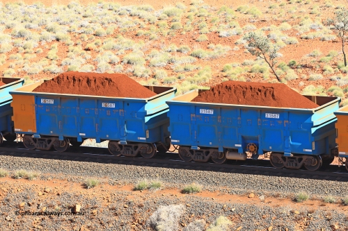 240701 2405
Western Creek, 67 km, one of Rio Tinto's blue rakes with spring assisted park brake and only electronic controlled pneumatic [ECP] braking, waggon pair 31587 is a master and is bar coupled to slave waggon 36587 built by China Northen as a Q type in 11/2022. Captured on July 1, 2024.
Keywords: 31587;36587;Q-type;China-Northern;Rio-ore-waggon;