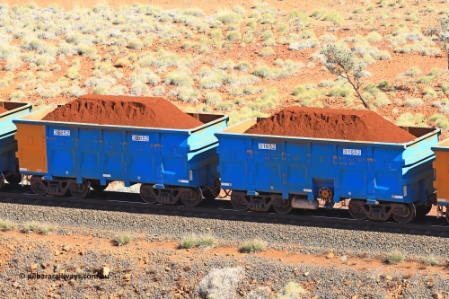 240701 2406
Western Creek, 67 km, one of Rio Tinto's blue rakes with spring assisted park brake and only electronic controlled pneumatic [ECP] braking, waggon pair 31652 is a master and is bar coupled to slave waggon 36652 built by China Northen as a Q type in 12/2022. Captured on July 1, 2024.
Keywords: 31652;36652;Q-type;China-Northern;Rio-ore-waggon;