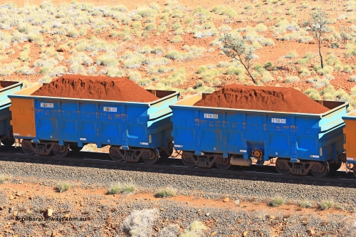 240701 2407
Western Creek, 67 km, one of Rio Tinto's blue rakes with spring assisted park brake and only electronic controlled pneumatic [ECP] braking, waggon pair 31630 is a master and is bar coupled to slave waggon 36630 built by China Northen as a Q type in 11/2022. Captured on July 1, 2024.
Keywords: 31630;36630;Q-type;China-Northern;Rio-ore-waggon;