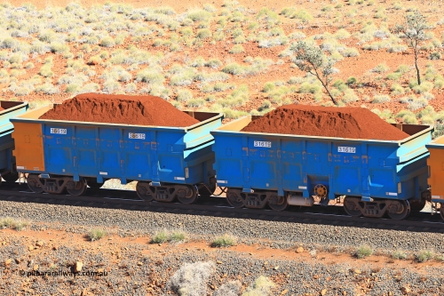 240701 2410
Western Creek, 67 km, one of Rio Tinto's blue rakes with spring assisted park brake and only electronic controlled pneumatic [ECP] braking, waggon pair 31619 is a master and is bar coupled to slave waggon 36619 built by China Northen as a Q type in 11/2022. Captured on July 1, 2024.
Keywords: 31619;36619;Q-type;China-Northern;Rio-ore-waggon;