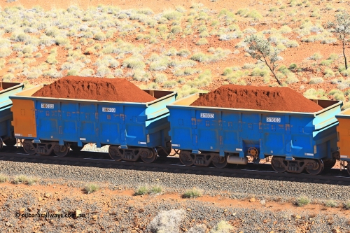 240701 2411
Western Creek, 67 km, one of Rio Tinto's blue rakes with spring assisted park brake and only electronic controlled pneumatic [ECP] braking, waggon pair 31603 is a master and is bar coupled to slave waggon 36603 built by China Northen as a Q type in 11/2022. Captured on July 1, 2024.
Keywords: 31603;36603;Q-type;China-Northern;Rio-ore-waggon;