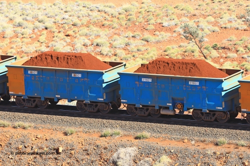 240701 2425
Western Creek, 67 km, one of Rio Tinto's blue rakes with spring assisted park brake and only electronic controlled pneumatic [ECP] braking, waggon pair 31601 is a master and is bar coupled to slave waggon 36601 built by China Northen as a Q type in 11/2022. Captured on July 1, 2024.
Keywords: 31601;36601;Q-type;China-Northern;Rio-ore-waggon;