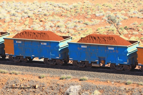 240701 2429
Western Creek, 67 km, one of Rio Tinto's blue rakes with spring assisted park brake and only electronic controlled pneumatic [ECP] braking, waggon pair 31610 is a master and is bar coupled to slave waggon 36610 built by China Northen as a Q type in 11/2022. Captured on July 1, 2024.
Keywords: 31610;36610;Q-type;China-Northern;Rio-ore-waggon;