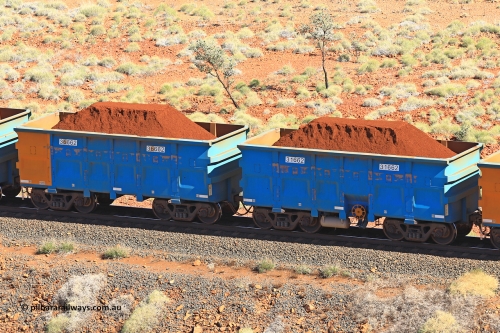 240701 2440
Western Creek, 67 km, one of Rio Tinto's blue rakes with spring assisted park brake and only electronic controlled pneumatic [ECP] braking, waggon pair 31662 is a master and is bar coupled to slave waggon 36662 built by China Northen as a Q type in 11/2022. Captured on July 1, 2024.
Keywords: 31662;36662;Q-type;China-Northern;Rio-ore-waggon;