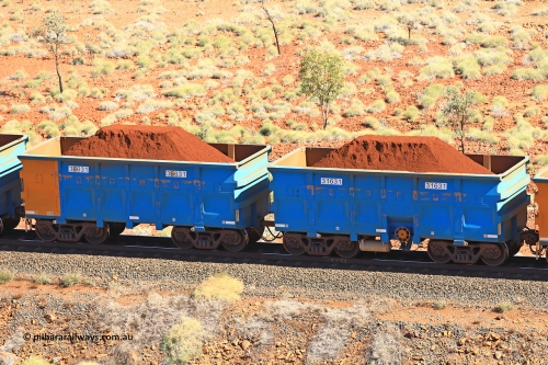 240701 2443
Western Creek, 67 km, one of Rio Tinto's blue rakes with spring assisted park brake and only electronic controlled pneumatic [ECP] braking, waggon pair 31631 is a master and is bar coupled to slave waggon 36631 built by China Northen as a Q type in 11/2022. Captured on July 1, 2024.
Keywords: 31631;36631;Q-type;China-Northern;Rio-ore-waggon;