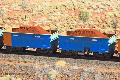 240701 2453
Western Creek, 67 km, one of Rio Tinto's blue rakes with spring assisted park brake and only electronic controlled pneumatic [ECP] braking, waggon pair 31513 is a master and is bar coupled to slave waggon 36513 built by China Northen as a Q type in 12/2022. Captured on July 1, 2024.
Keywords: 31513;36513;Q-type;China-Northern;Rio-ore-waggon;