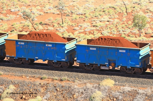 240701 2468
Western Creek, 67 km, one of Rio Tinto's blue rakes with spring assisted park brake and only electronic controlled pneumatic [ECP] braking, waggon pair 31533 is a master and is bar coupled to slave waggon 36533 built by China Northen as a Q type in 12/2022. Captured on July 1, 2024.
Keywords: 31533;36533;Q-type;China-Northern;Rio-ore-waggon;