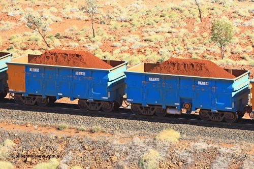 240701 2471
Western Creek, 67 km, one of Rio Tinto's blue rakes with spring assisted park brake and only electronic controlled pneumatic [ECP] braking, waggon pair 31535 is a master and is bar coupled to slave waggon 36535 built by China Northen as a Q type in 12/2022. Captured on July 1, 2024.
Keywords: 31535;36535;Q-type;China-Northern;Rio-ore-waggon;
