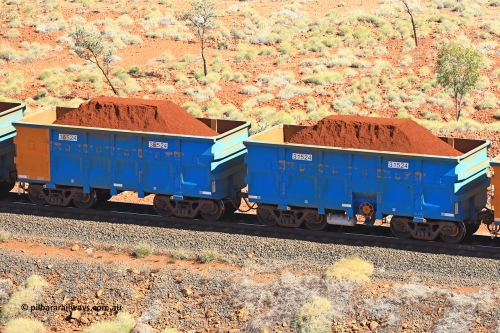 240701 2478
Western Creek, 67 km, one of Rio Tinto's blue rakes with spring assisted park brake and only electronic controlled pneumatic [ECP] braking, waggon pair 31524 is a master and is bar coupled to slave waggon 36524 built by China Northen as a Q type in 12/2022. Captured on July 1, 2024.
Keywords: 31524;36524;Q-type;China-Northern;Rio-ore-waggon;