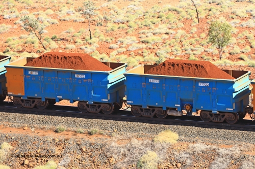 240701 2482
Western Creek, 67 km, one of Rio Tinto's blue rakes with spring assisted park brake and only electronic controlled pneumatic [ECP] braking, waggon pair 31522 is a master and is bar coupled to slave waggon 36522 built by China Northen as a Q type in 12/2022. Captured on July 1, 2024.
Keywords: 31522;36522;Q-type;China-Northern;Rio-ore-waggon;