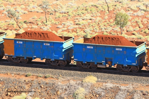 240701 2496
Western Creek, 67 km, one of Rio Tinto's blue rakes with spring assisted park brake and only electronic controlled pneumatic [ECP] braking, waggon pair 31487 is a master and is bar coupled to slave waggon 36487 built by China Northen as a Q type in 12/2022. Captured on July 1, 2024.
Keywords: 31487;36487;Q-type;China-Northern;Rio-ore-waggon;