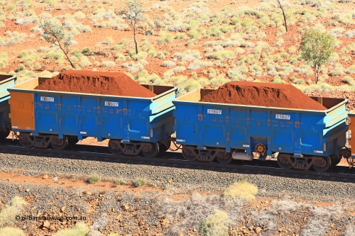 240701 2499
Western Creek, 67 km, one of Rio Tinto's blue rakes with spring assisted park brake and only electronic controlled pneumatic [ECP] braking, waggon pair 31607 is a master and is bar coupled to slave waggon 36607 built by China Northen as a Q type in 11/2022. Captured on July 1, 2024.
Keywords: 31607;36607;Q-type;China-Northern;Rio-ore-waggon;