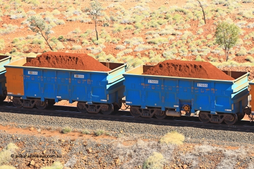 240701 2500
Western Creek, 67 km, one of Rio Tinto's blue rakes with spring assisted park brake and only electronic controlled pneumatic [ECP] braking, waggon pair 31666 is a master and is bar coupled to slave waggon 36666 built by China Northen as a Q type in 11/2022. Captured on July 1, 2024.
Keywords: 31666;36666;Q-type;China-Northern;Rio-ore-waggon;
