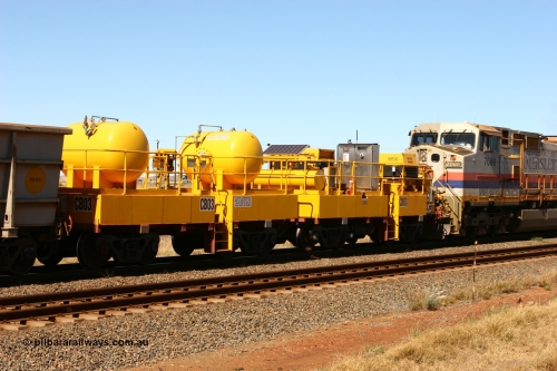 CB03 060715 6949
Rio Tinto compressor waggon set CB 03, compressor control waggon with two diesel powered Atlas Copco XAS 97's behind the loco and the receiver waggon with two air tanks or receivers closet to camera. Note the waggons are cut down ore waggons. Seen here just outside of 7 Mile. July 15, 2006.
Keywords: CB03;rio-compressor-waggon;