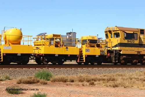 CB03 060723 7762
Rio Tinto compressor waggon set CB 03, compressor control waggon with two diesel powered Atlas Copco XAS 97's. These are built on former ore waggons that have been cut down. Seen here just outside of 7 Mile. July 23, 2006.
Keywords: CB03;rio-compressor-waggon;