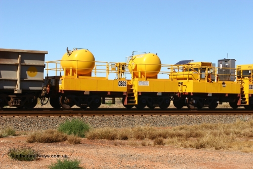 CB03 060723 7763
Rio Tinto compressor waggon set CB 03, receiver waggon with two air tanks or receivers. These are built on former ore waggons that have been cut down. Seen here just outside of 7 Mile. July 23, 2006.
Keywords: CB03;rio-compressor-waggon;