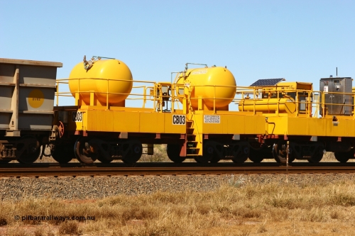 CB03 060723 7764
Rio Tinto compressor waggon set CB 03, receiver waggon with two air tanks or receivers. These are built on former ore waggons that have been cut down. Seen here just outside of 7 Mile. July 23, 2006.
Keywords: CB03;rio-compressor-waggon;