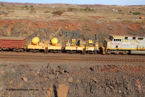 CB01 141124 7078
Rio Tinto compressor waggon set leader CB 01, compressor control waggon with two diesel powered Atlas Copco XAS 97's behind the loco and the receiver waggon with two air tanks or receivers. Note the waggons are cut down ore waggons. Seen here at Parker Point, Dampier on November 24, 2014.
Keywords: CB01;rio-compressor-waggon;