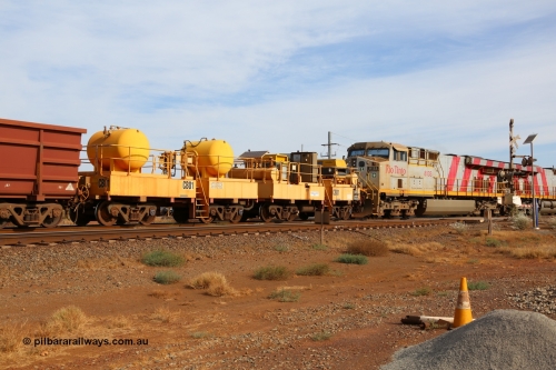 CB01 141124 7092
Rio Tinto compressor waggon set leader CB 01, compressor control waggon with two diesel powered Atlas Copco XAS 97's behind the loco and the receiver waggon with two air tanks or receivers. Note the waggons are cut down ore waggons. Seen here at 7 Mile, Dampier on November 24, 2014.
Keywords: CB01;rio-compressor-waggon;