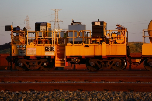 CB09 170510 8283
Rio Tinto compressor waggon set CB 09, compressor control waggon with two diesel powered Kaeser M57 Utility air compressors. Note the waggons are modified ore waggon frames. Seen here at Cape Lambert. May 10, 2017.
Keywords: CB09;rio-compressor-waggon;