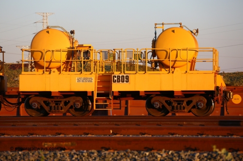 CB09 170510 8292
Rio Tinto compressor waggon set CB 09, air receiver waggon with two air tanks or receivers. Note the waggons are modified ore waggon frames. Seen here at Cape Lambert. May 10, 2017.
Keywords: CB09;rio-compressor-waggon;