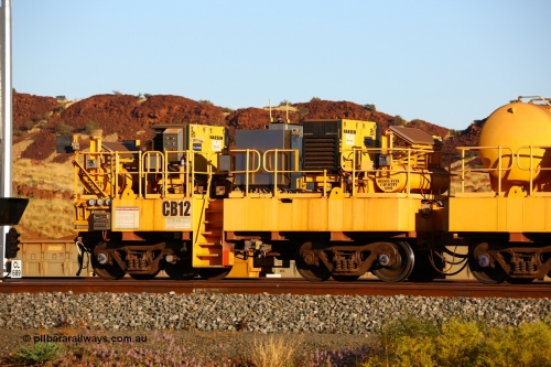 CB12 170728 09690
Rio Tinto compressor waggon set CB 12, compressor control waggon with two diesel powered Kaeser M57 Utility air compressors. Note the waggons are modified ore waggon frames. Seen here at Cape Lambert. July 28, 2017.
Keywords: CB12;rio-compressor-waggon;