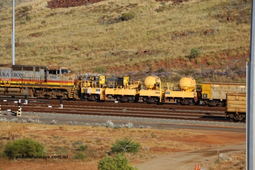 CB10 170729 0088
Rio Tinto compressor waggon set CB 10, compressor control waggon with two diesel powered Kaeser M57 Utility air compressors and the receiver waggon with two air tanks or receivers. Note the waggons are modified ore waggon frames. Seen here at Cape Lambert. July 29, 2017.
Keywords: CB10;rio-compressor-waggon;