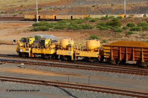 CB14 170729 0106
Rio Tinto compressor waggon set CB 14, compressor control waggon with two diesel powered Kaeser M57 Utility air compressors and the receiver waggon with two air tanks or receivers. Note the waggons are modified ore waggon frames. Seen here at Cape Lambert. July 29, 2017.
Keywords: CB14;rio-compressor-waggon;