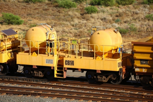 CB14 170729 0107
Rio Tinto compressor waggon set CB 14, receiver waggon with two air tanks or receivers. Note the waggons are modified ore waggon frames. Seen here at Cape Lambert. July 29, 2017.
Keywords: CB14;rio-compressor-waggon;