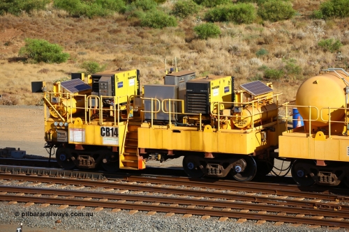 CB14 170729 0108
Rio Tinto compressor waggon set CB 14, compressor control waggon with two diesel powered Kaeser M57 Utility air compressors. Note the waggons are modified ore waggon frames. Seen here at Cape Lambert. July 29, 2017.
Keywords: CB14;rio-compressor-waggon;