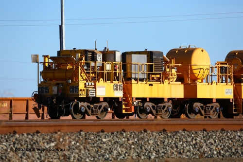 CB15 171018 0735
Rio Tinto compressor waggon set CB 15, compressor control waggon with two diesel powered Kaeser M57 Utility air compressors and the receiver waggon with two air tanks or receivers. Note the waggons are modified ore waggon frames. Seen here at Cape Lambert. October 18, 2017.
Keywords: CB15;rio-compressor-waggon;
