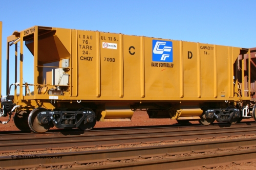 CHQY709 050828 5388
Rosella Siding, CFCLA CHQY type lease ballast waggon CHQY 709 B loaded in Rio Tinto ballast train service during the Tunkawanna duplication project. These CFCLA lease waggons are ex-USA builds dating from 1965 and have been coded CRDX and CHQF in the past. August 28, 2005.
Keywords: CHQY-type;CHQY709;CRDX-type;CFCLA;Rio-ballast-hopper;