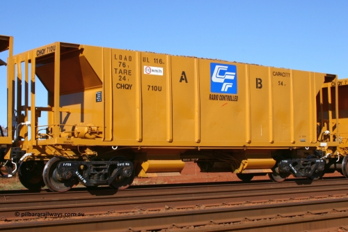 CHQY710 050828 5386
Rosella Siding, CFCLA CHQY type lease ballast waggon CHQY 710 U loaded in Rio Tinto ballast train service during the Tunkawanna duplication project. These CFCLA lease waggons are ex-USA builds dating from 1965 and have been coded CRDX and CHQF in the past. August 28, 2005.
Keywords: CHQY-type;CHQY710;CRDX-type;CFCLA;Rio-ballast-hopper;