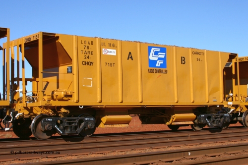 CHQY715 050828 5387
Rosella Siding, CFCLA CHQY type lease ballast waggon CHQY 715 T loaded in Rio Tinto ballast train service during the Tunkawanna duplication project. These CFCLA lease waggons are ex-USA builds dating from 1965 and have been coded CRDX and CHQF in the past. August 28, 2005.
Keywords: CHQY-type;CHQY715;CRDX-type;CFCLA;Rio-ballast-hopper;