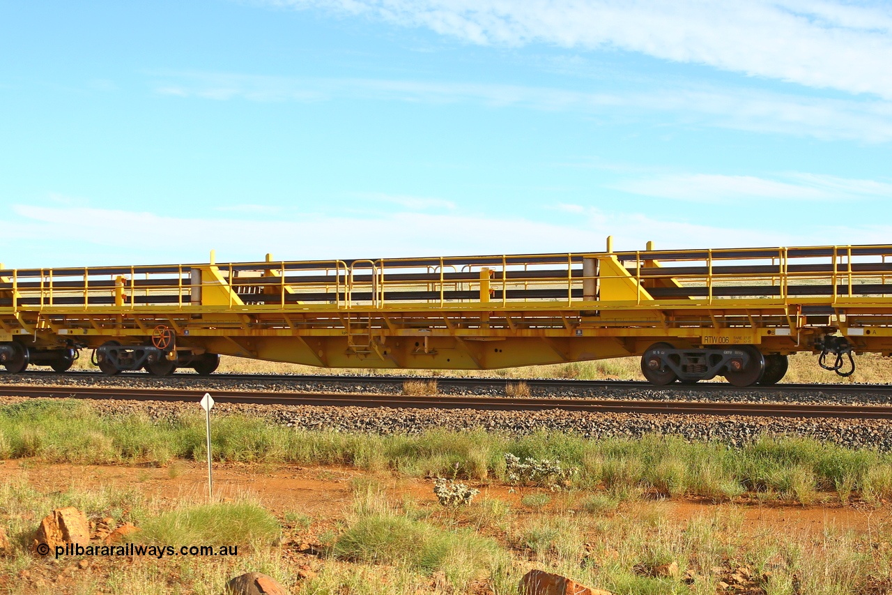 210510 1114
Near Gull on the Rio Tinto Dampier - Tom Price line at the 101.5 km, RTW type intermediate rail waggon RTB 006 on Rio Tinto's Gemco Rail built rail train consist. 10th May 2021. [url=https://goo.gl/maps/9WbRn1E4vP6a1YbN8]Location[/url].
Keywords: RTW-type;RTW006;Gemco-Rail-WA;