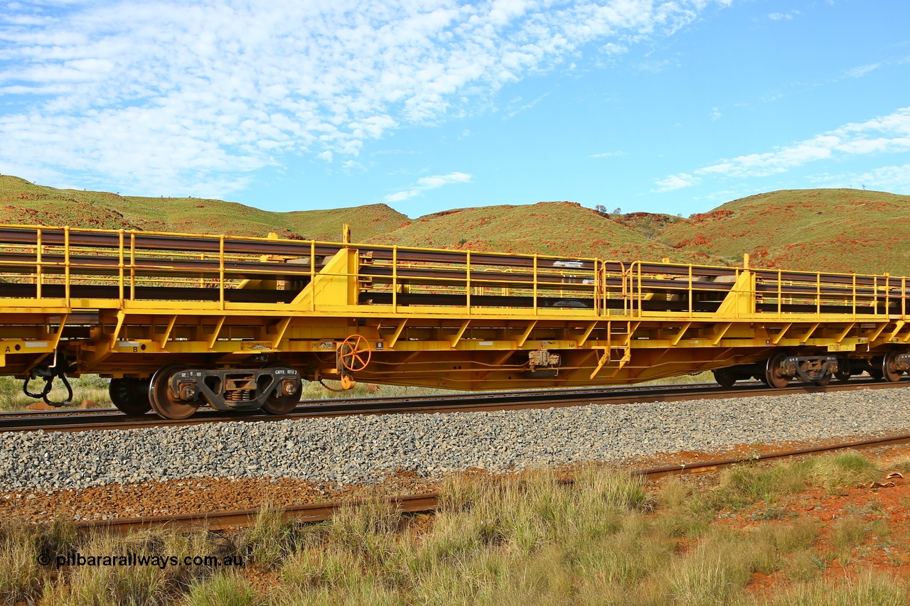 210510 1136
Near Galah on the Rio Tinto Dampier - Tom Price line at the 89.5 km, RTW type intermediate rail waggon RTB 017 on Rio Tinto's Gemco Rail built rail train consist. 10th May 2021. [url=https://goo.gl/maps/tSmgEtp7gcG7x24b9]Location[/url].
Keywords: RTW-type;RTW017;Gemco-Rail-WA;