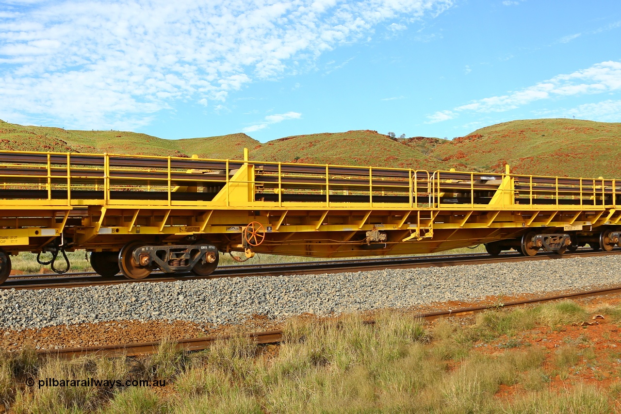 210510 1147
Near Galah on the Rio Tinto Dampier - Tom Price line at the 89.5 km, RTW type intermediate rail waggon RTB 006 on Rio Tinto's Gemco Rail built rail train consist. 10th May 2021. [url=https://goo.gl/maps/tSmgEtp7gcG7x24b9]Location[/url].
Keywords: RTW-type;RTW006;Gemco-Rail-WA;