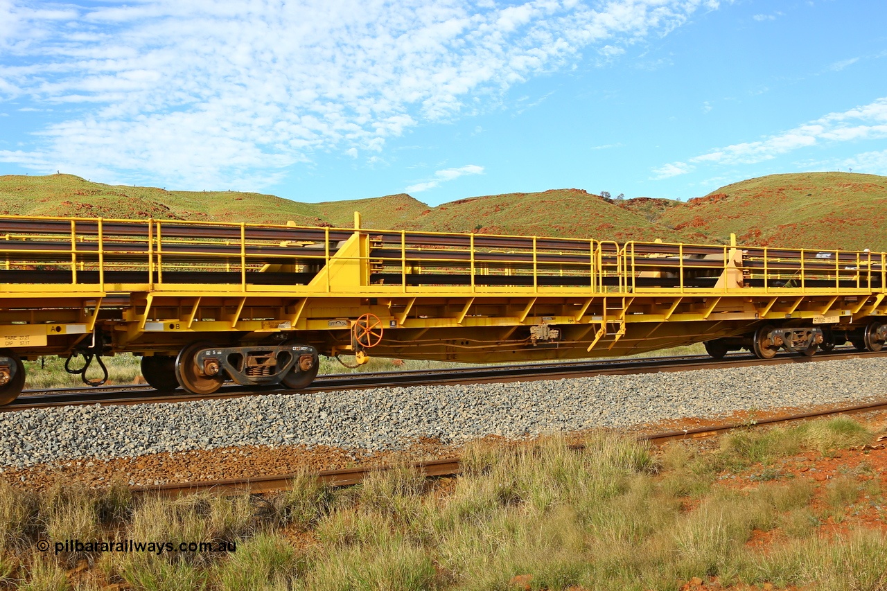 210510 1148
Near Galah on the Rio Tinto Dampier - Tom Price line at the 89.5 km, RTW type intermediate rail waggon RTB 005 on Rio Tinto's Gemco Rail built rail train consist. 10th May 2021. [url=https://goo.gl/maps/tSmgEtp7gcG7x24b9]Location[/url].
Keywords: RTW-type;RTW005;Gemco-Rail-WA;