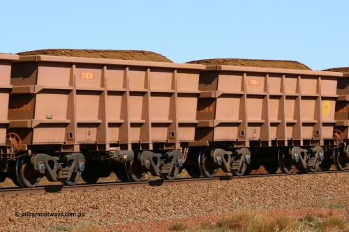 3100-7094 050828 5087
Tunkawanna, loaded Hamersley Iron Bradken built S series waggon pair 3100 control and 7094 slave built in October 2003. August 28, 2005.
Keywords: 3100;7094;S-series;Bradken-Rail-Qld;Rio-ore-waggon;