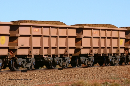 3120-7173 050828 5084
Tunkawanna, loaded Hamersley Iron Bradken built S series waggon pair 3120 control and 7173 slave built in December 2003. August 28, 2005.
Keywords: 3120;7173;S-series;Bradken-Rail-Qld;Rio-ore-waggon;