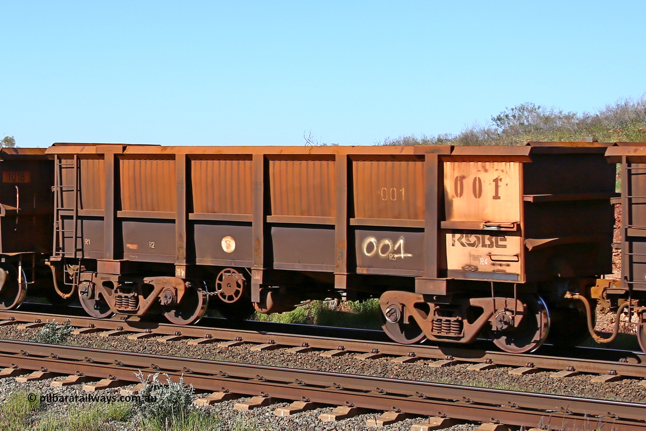 0001 160727 0977
Robe River ore waggon 001, built by Nippon Sharyo Nihon, rotary coupler end handbrake side empty view at Harding Siding on the Cape Lambert line, July 27, 2016.
Keywords: 001;Nippon-Sharyo-Nihon;Robe-ore-waggon;
