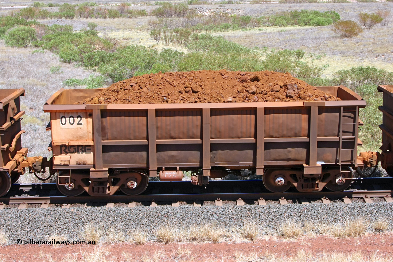 0002 081209 0167
Robe River ore waggon 002, built by Nippon Sharyo Nihon, non-handbrake side loaded view at the 7 km location just south of Cape Lambert yard. December 9, 2008.
Keywords: 002;Nippon-Sharyo-Nihon;Robe-ore-waggon;