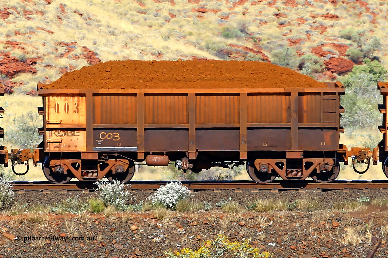 0003 170728 09952
Robe River ore waggon 003, built by Nippon Sharyo Nihon, non-handbrake side loaded view at the 72 km, Western Creek on the Deepdale line. July 28, 2017.
Keywords: 003;Nippon-Sharyo-Nihon;Robe-ore-waggon;