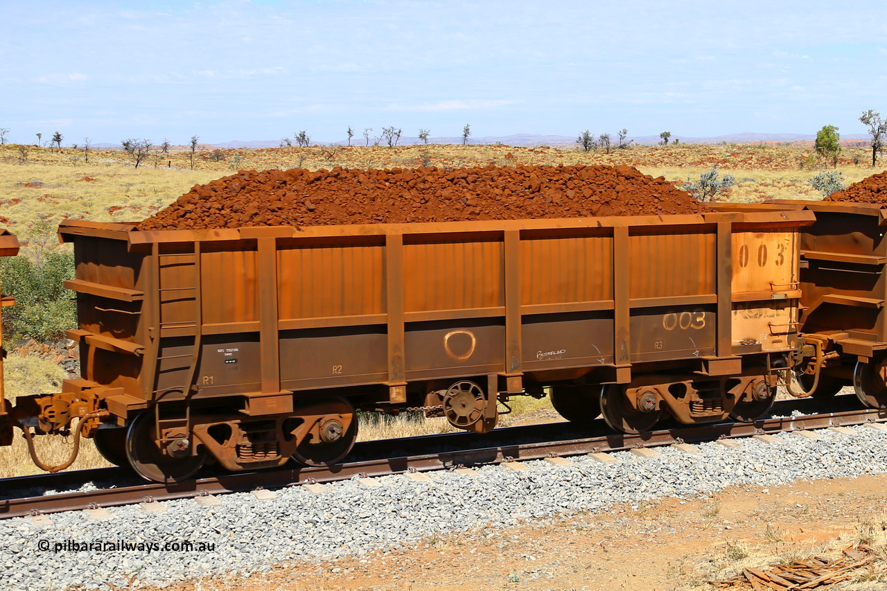 0003 170729 0200
Robe River ore waggon 003, built by Nippon Sharyo Nihon, fixed coupler handbrake side loaded view at the 103 km, between Maitland Siding and the Fortescue River on the Deepdale line. July 29, 2017.
Keywords: 003;Nippon-Sharyo-Nihon;Robe-ore-waggon;