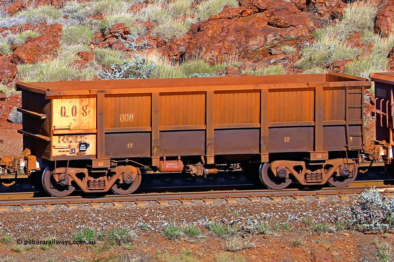 0008 180616 1701
Robe River ore waggon 008, built by Nippon Sharyo Nihon, rotary coupler end non-handbrake side loaded view at the 38 km, Harding on the Cape Lambert line, June 16, 2018.
Keywords: 008;Nippon-Sharyo-Nihon;Robe-ore-waggon;