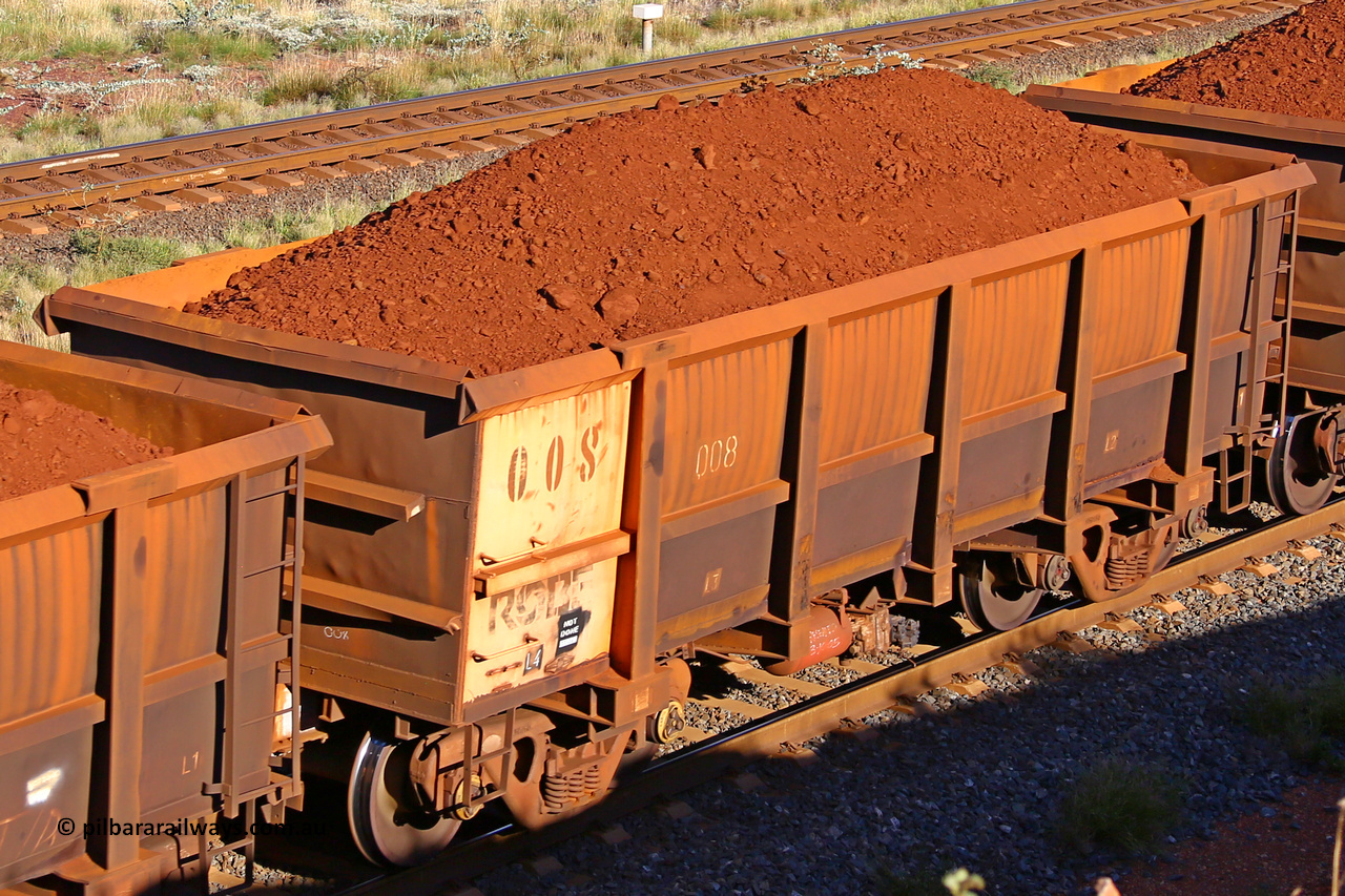 0008 210322 9750
Robe River ore waggon 008, built by Nippon Sharyo Nihon, rotary coupler end non-handbrake side loaded view at the 17 km on the Cape Lambert line, March 22, 2021.
Keywords: 008;Nippon-Sharyo-Nihon;Robe-ore-waggon;