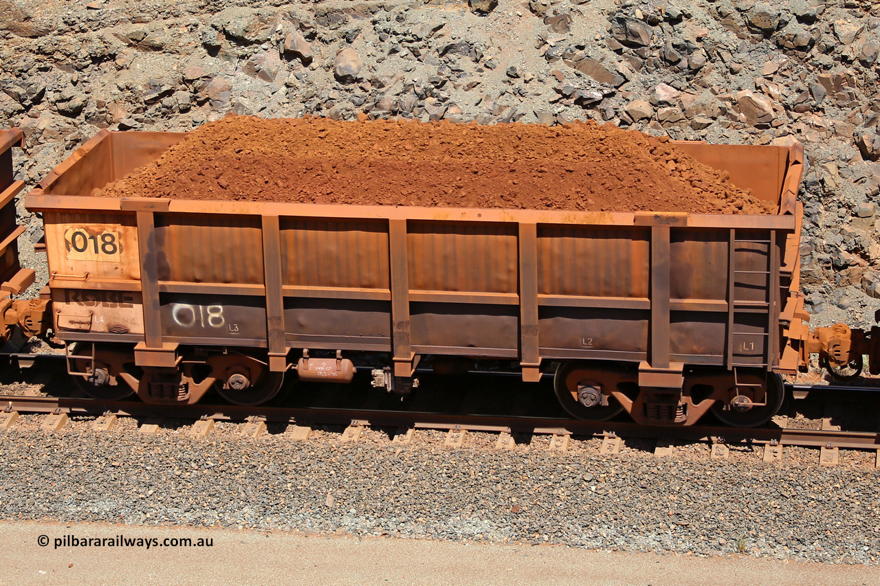 0018 160306 1579
Robe River ore waggon 018, built by Nippon Sharyo Nihon, fixed coupler non-handbrake side loaded view at the 45 km, Harding Siding on the Cape Lambert line. March 6, 2016.
Keywords: 018;Nippon-Sharyo-Nihon;Robe-ore-waggon;